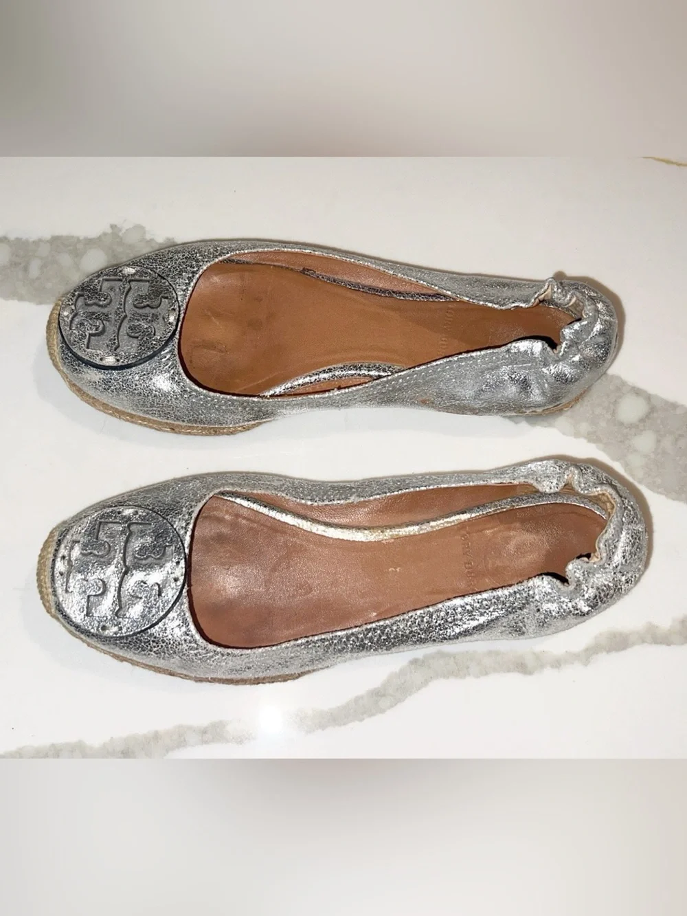TORY BURCH Silver Metallic Espadrille Ballet Flats